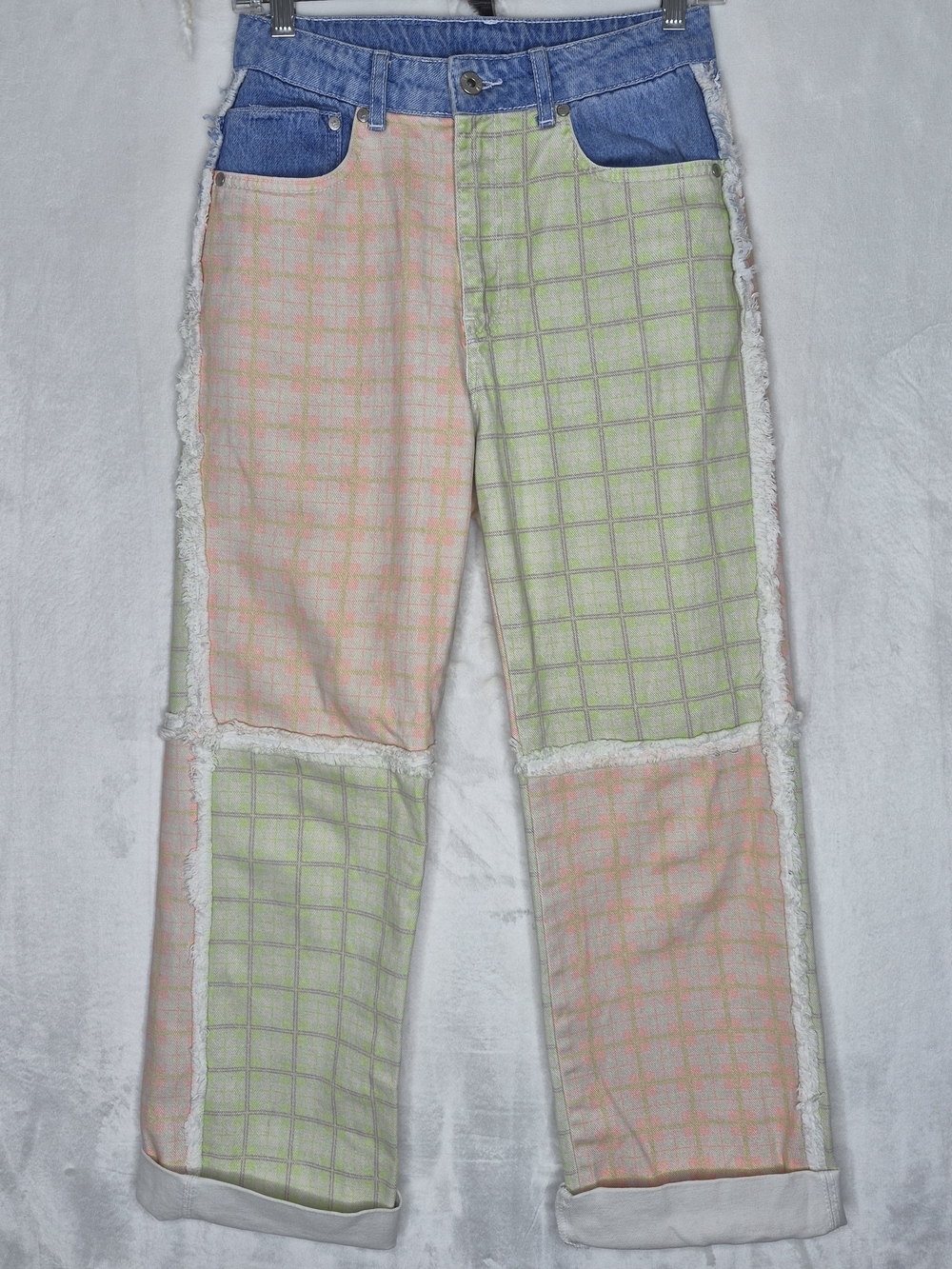 The Ragged Priest Patchwork Pastel Plaid Raw Seam Jeans Womens 24